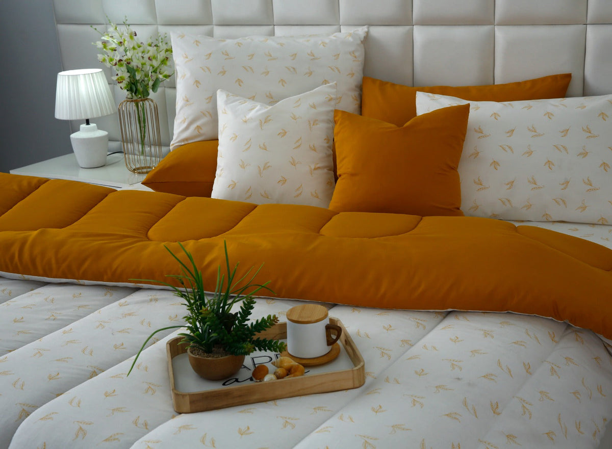 8 PCs Premium Winter Razai Set- Golden Meadow Comforters Apricot