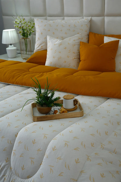 8 PCs Premium Winter Razai Set- Golden Meadow Comforters Apricot