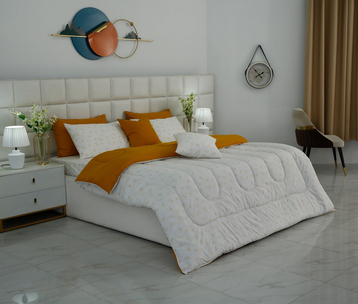 8 PCs Premium Winter Razai Set- Golden Meadow Comforters Apricot