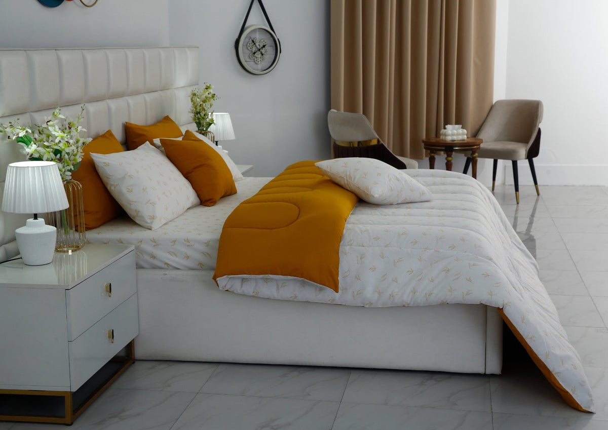 8 PCs Premium Winter Razai Set- Golden Meadow Comforters Apricot
