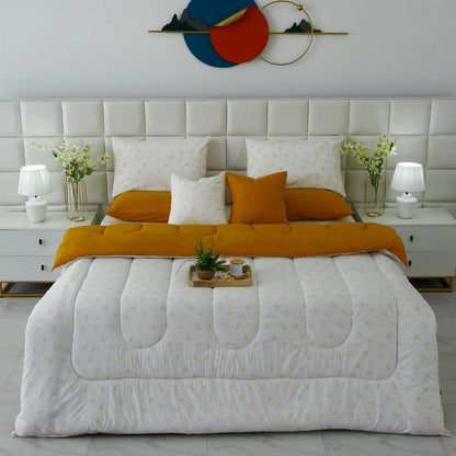 8 PCs Premium Winter Razai Set- Golden Meadow Comforters Apricot