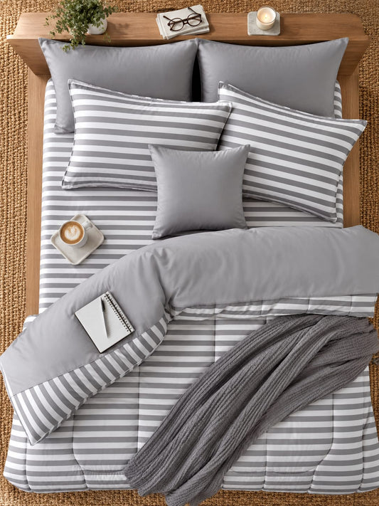 8 PCs Winter Razai Set- Grey Stripes Comforters Apricot