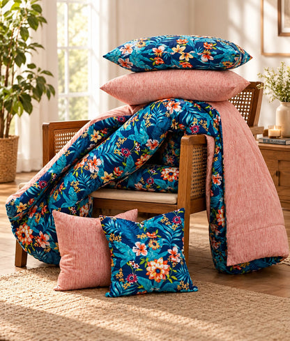 5 PCs Single Razai Set- Tropical Tide (With Pink Reverse) Comforters Apricot