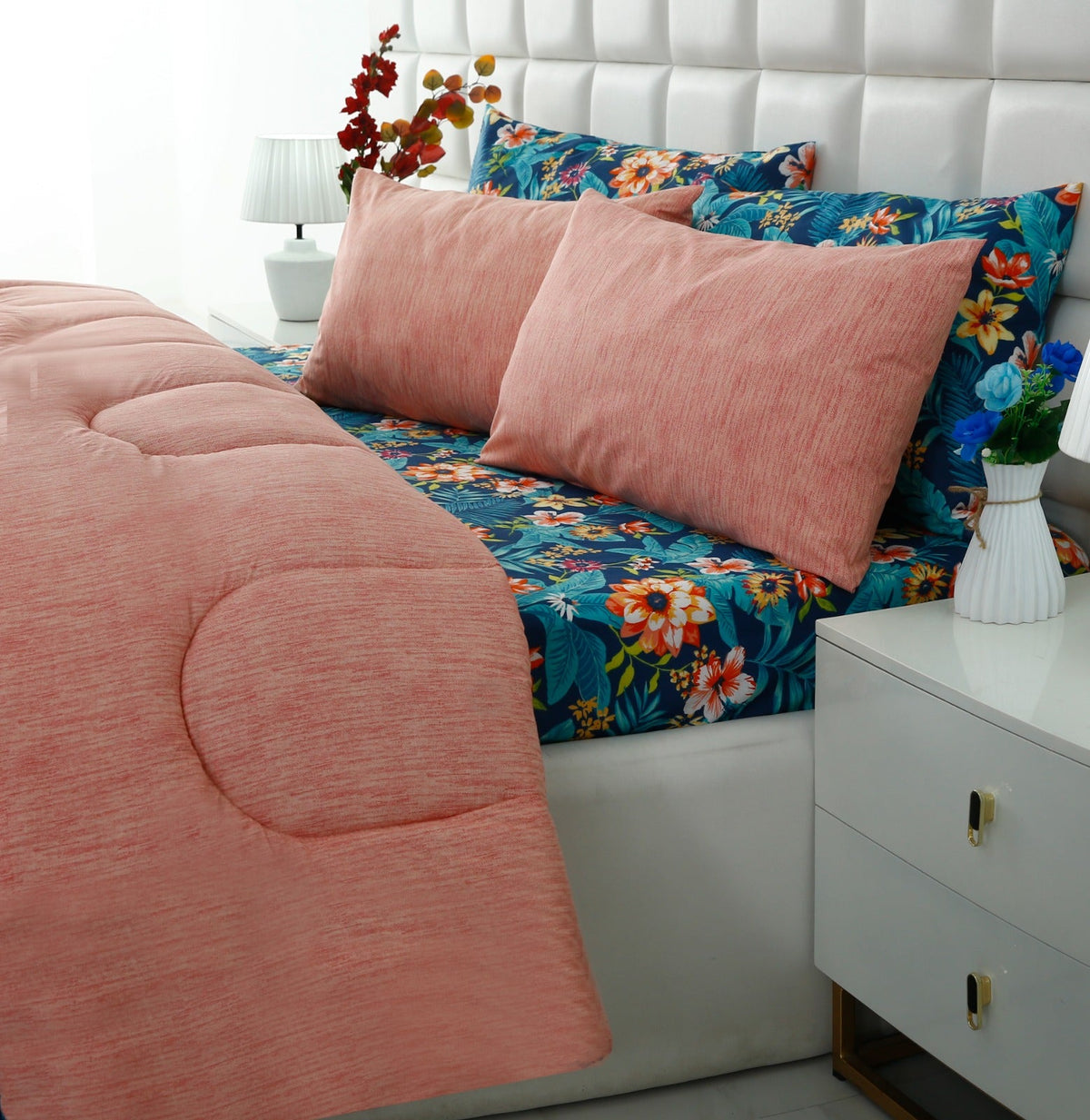 8 PCs Premium Winter Razai Set- Tropical Tide (With Pink Reverse) Comforters Apricot