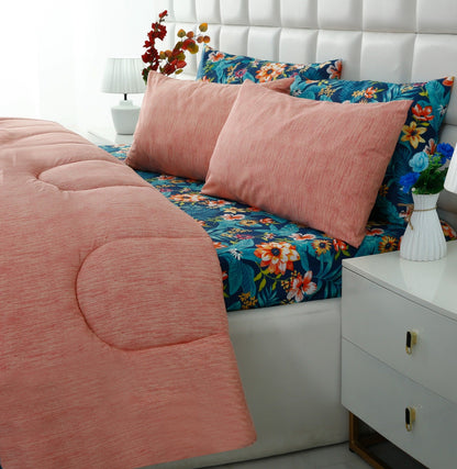 8 PCs Premium Winter Razai Set- Tropical Tide (With Pink Reverse) Comforters Apricot