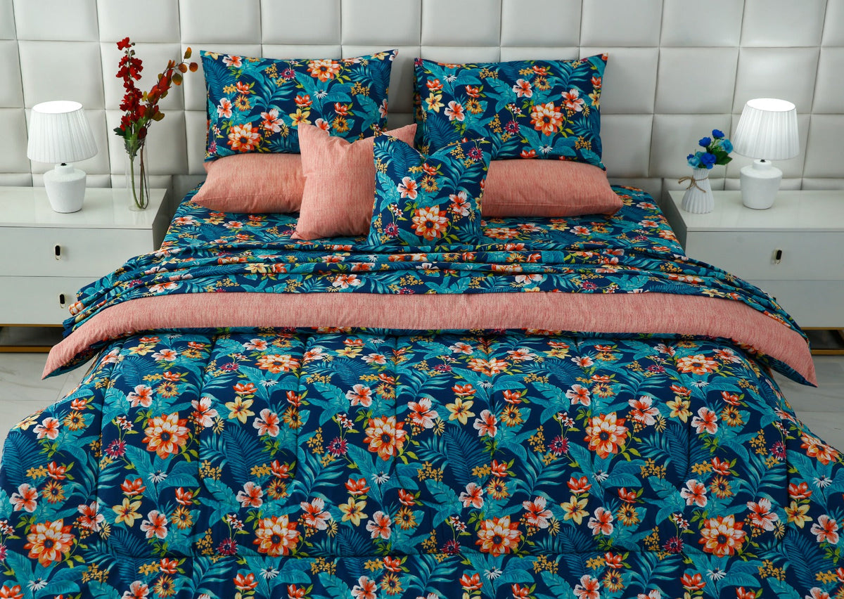 8 PCs Premium Winter Razai Set- Tropical Tide (With Pink Reverse) Comforters Apricot