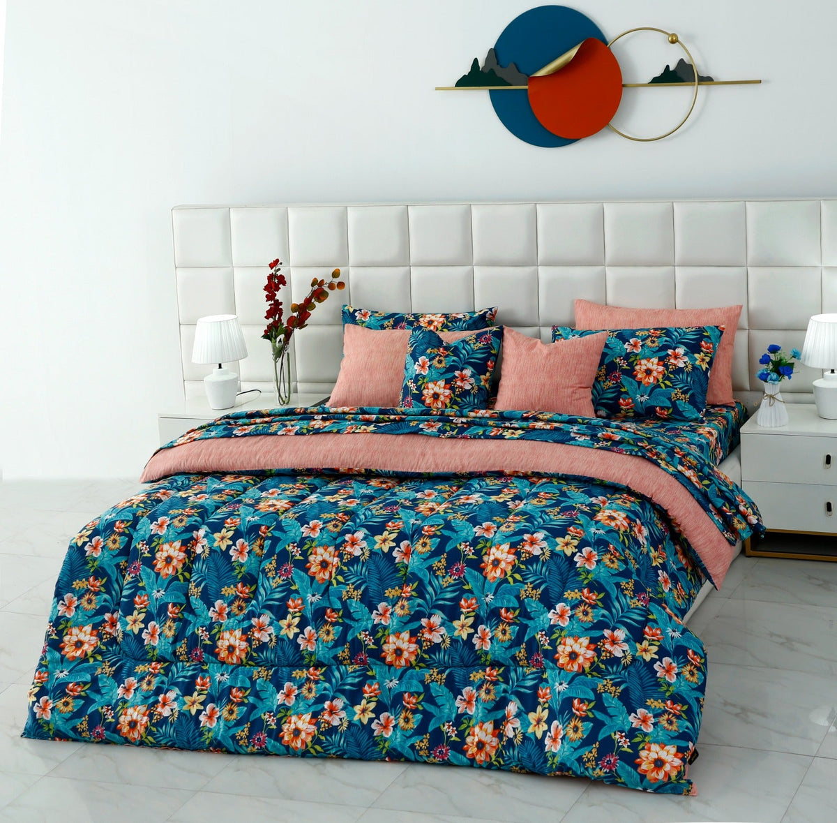 8 PCs Premium Winter Razai Set- Tropical Tide (With Pink Reverse) Comforters Apricot