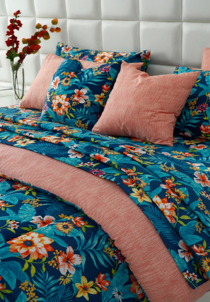 8 PCs Premium Winter Razai Set- Tropical Tide (With Pink Reverse) Comforters Apricot
