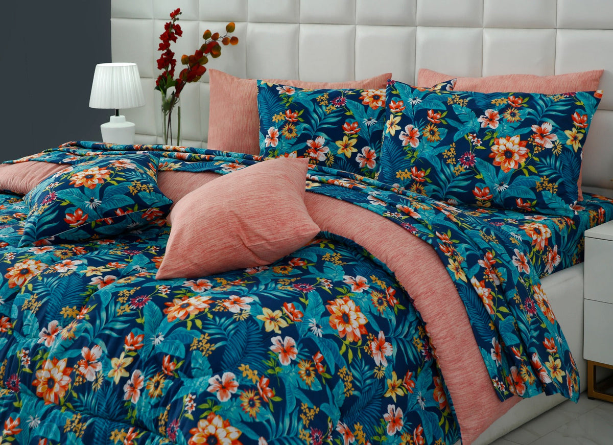 8 PCs Premium Winter Razai Set- Tropical Tide (With Pink Reverse) Comforters Apricot