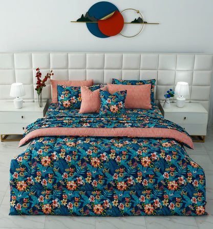 8 PCs Premium Winter Razai Set- Tropical Tide (With Pink Reverse) Comforters Apricot