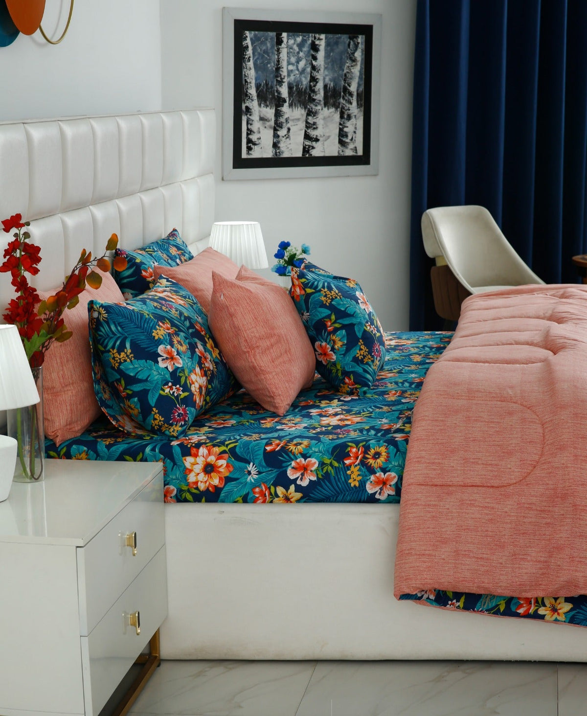 5 PCs Single Razai Set- Tropical Tide (With Pink Reverse) Comforters Apricot