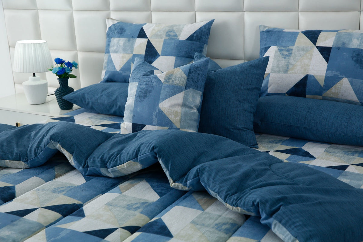 8 PCs Premium Winter Razai Set- Blue Mosaic Comforters Apricot