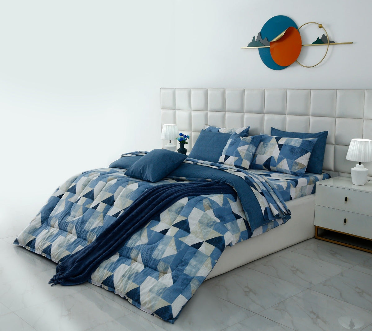 8 PCs Premium Winter Razai Set- Blue Mosaic Comforters Apricot