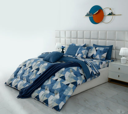 8 PCs Premium Winter Razai Set- Blue Mosaic Comforters Apricot