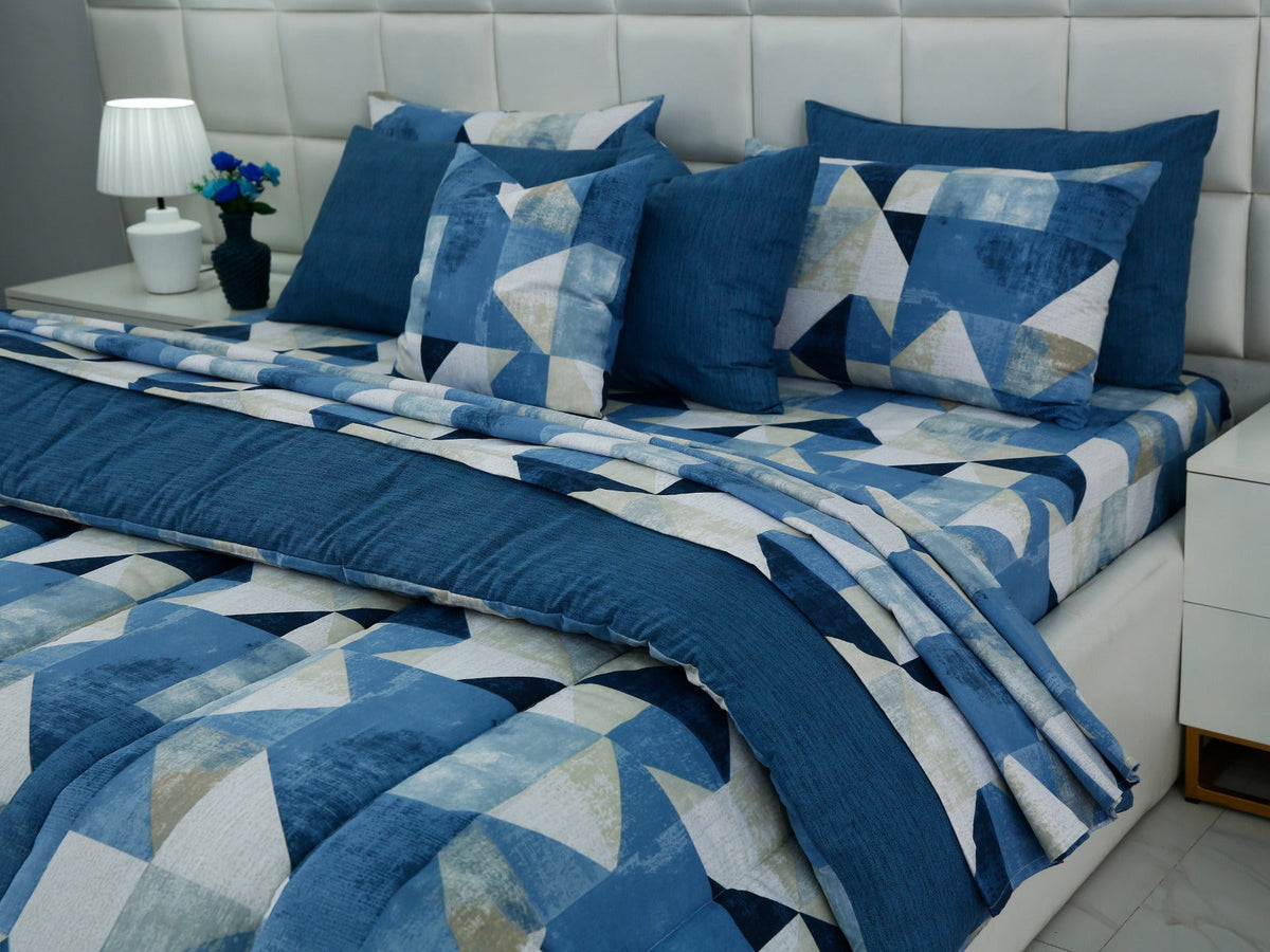 8 PCs Premium Winter Razai Set- Blue Mosaic Comforters Apricot