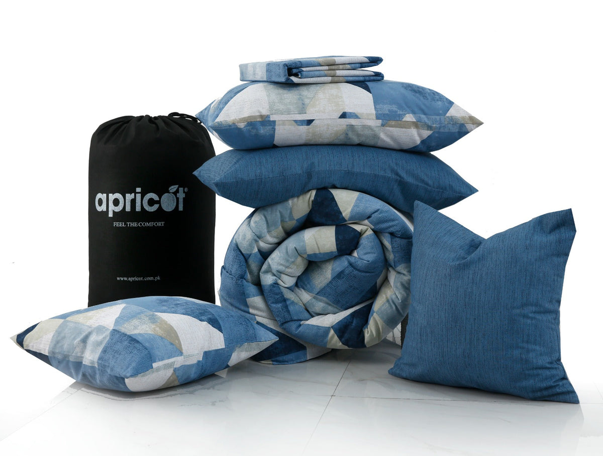 8 PCs Premium Winter Razai Set- Blue Mosaic Comforters Apricot