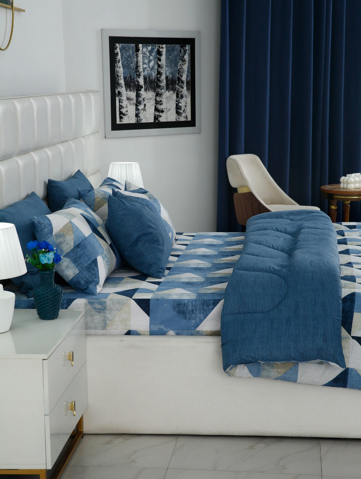 8 PCs Premium Winter Razai Set- Blue Mosaic Comforters Apricot
