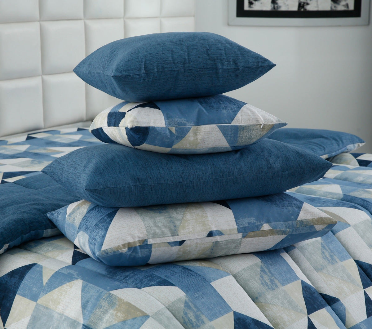 8 PCs Premium Winter Razai Set- Blue Mosaic Comforters Apricot