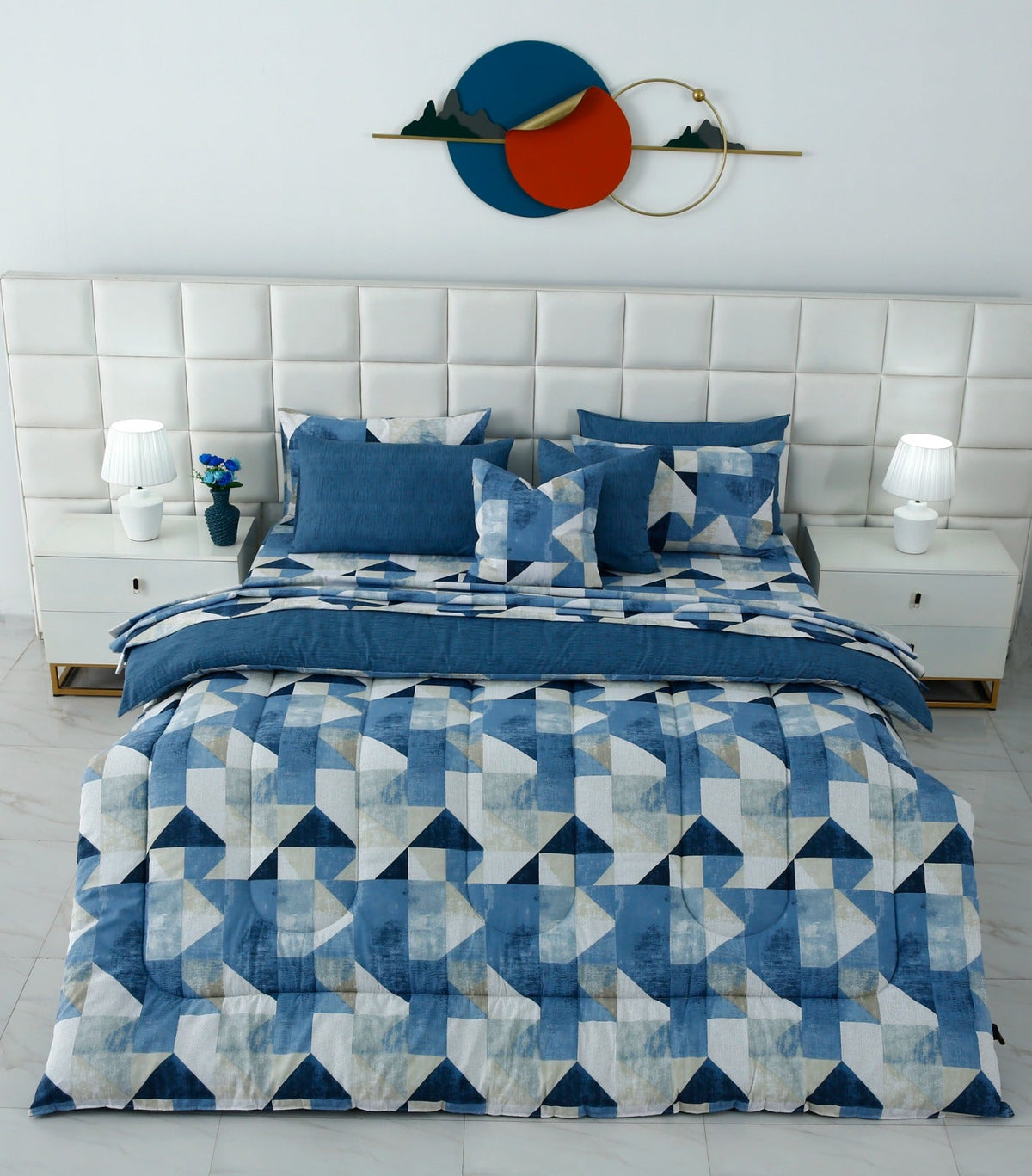 8 PCs Premium Winter Razai Set- Blue Mosaic Comforters Apricot