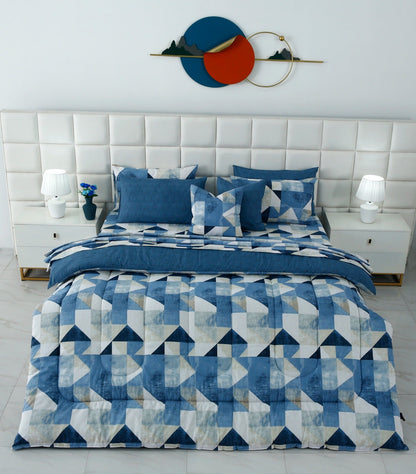 8 PCs Premium Winter Razai Set- Blue Mosaic Comforters Apricot
