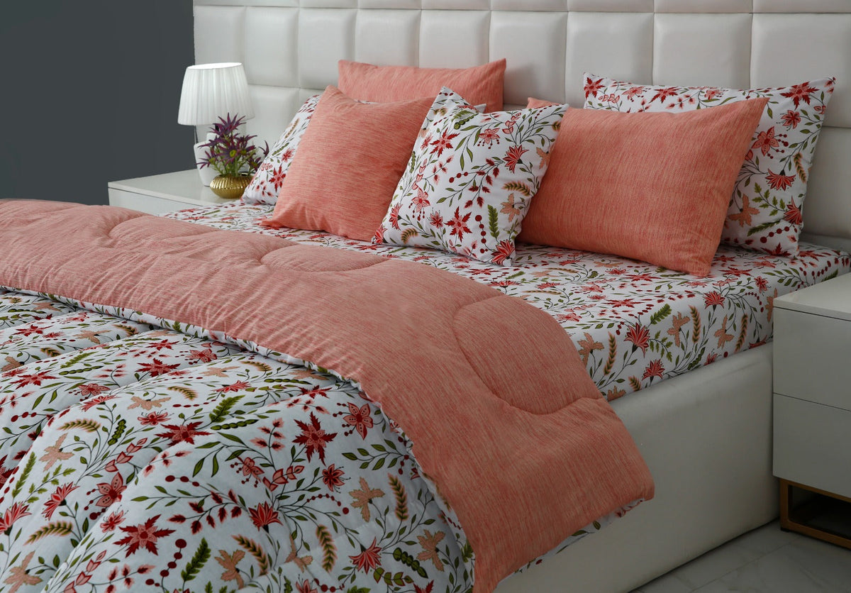8 PCs Premium Winter Razai Set- Autumn Petals Comforters Apricot