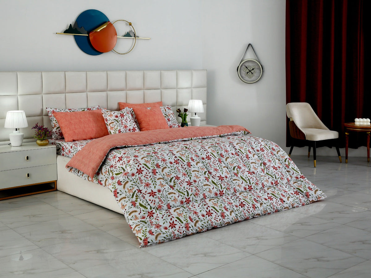 8 PCs Premium Winter Razai Set- Autumn Petals Comforters Apricot