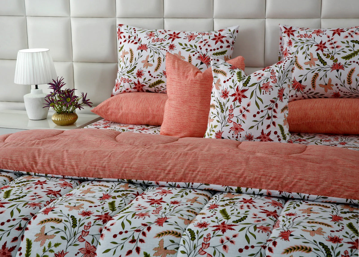 8 PCs Premium Winter Razai Set- Autumn Petals Comforters Apricot