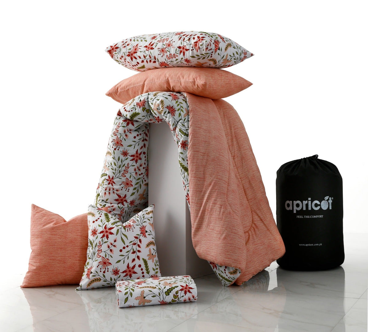 8 PCs Premium Winter Razai Set- Autumn Petals Comforters Apricot