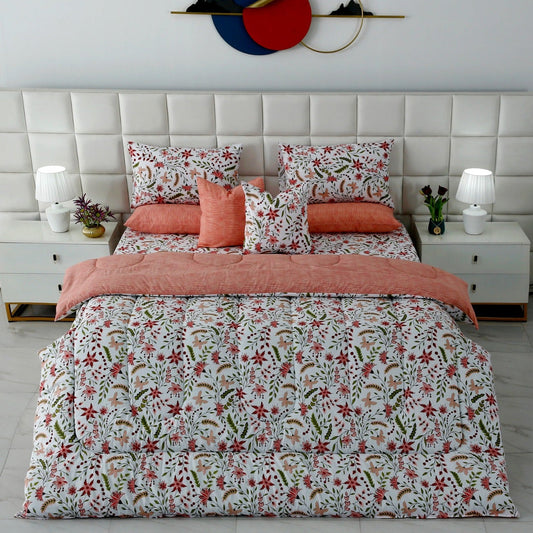 8 PCs Premium Winter Razai Set- Autumn Petals Comforters Apricot
