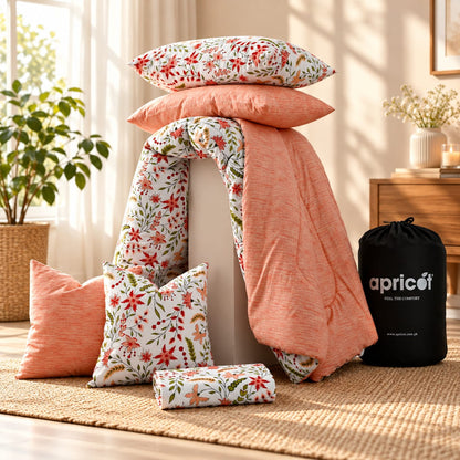8 PCs Premium Winter Razai Set- Autumn Petals Comforters Apricot