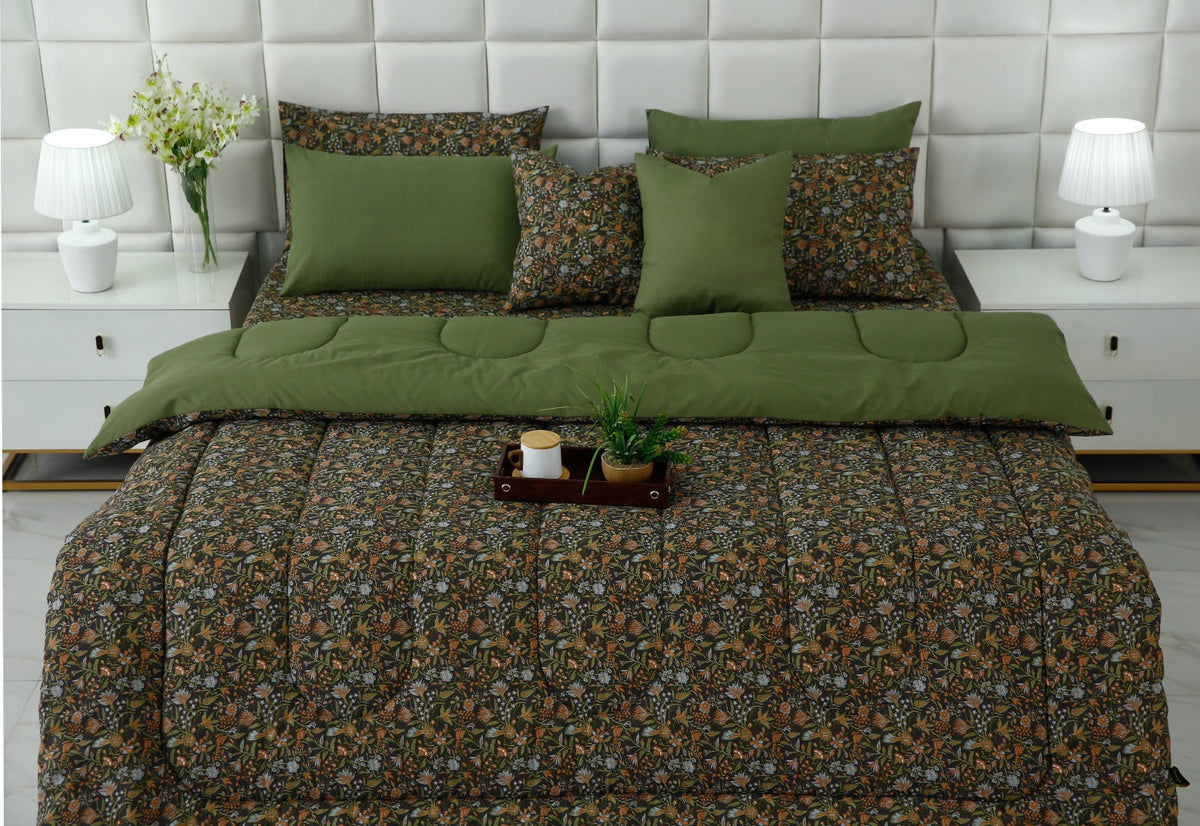 8 PCs Premium Winter Razai Set- Olive Grove Comforters Apricot