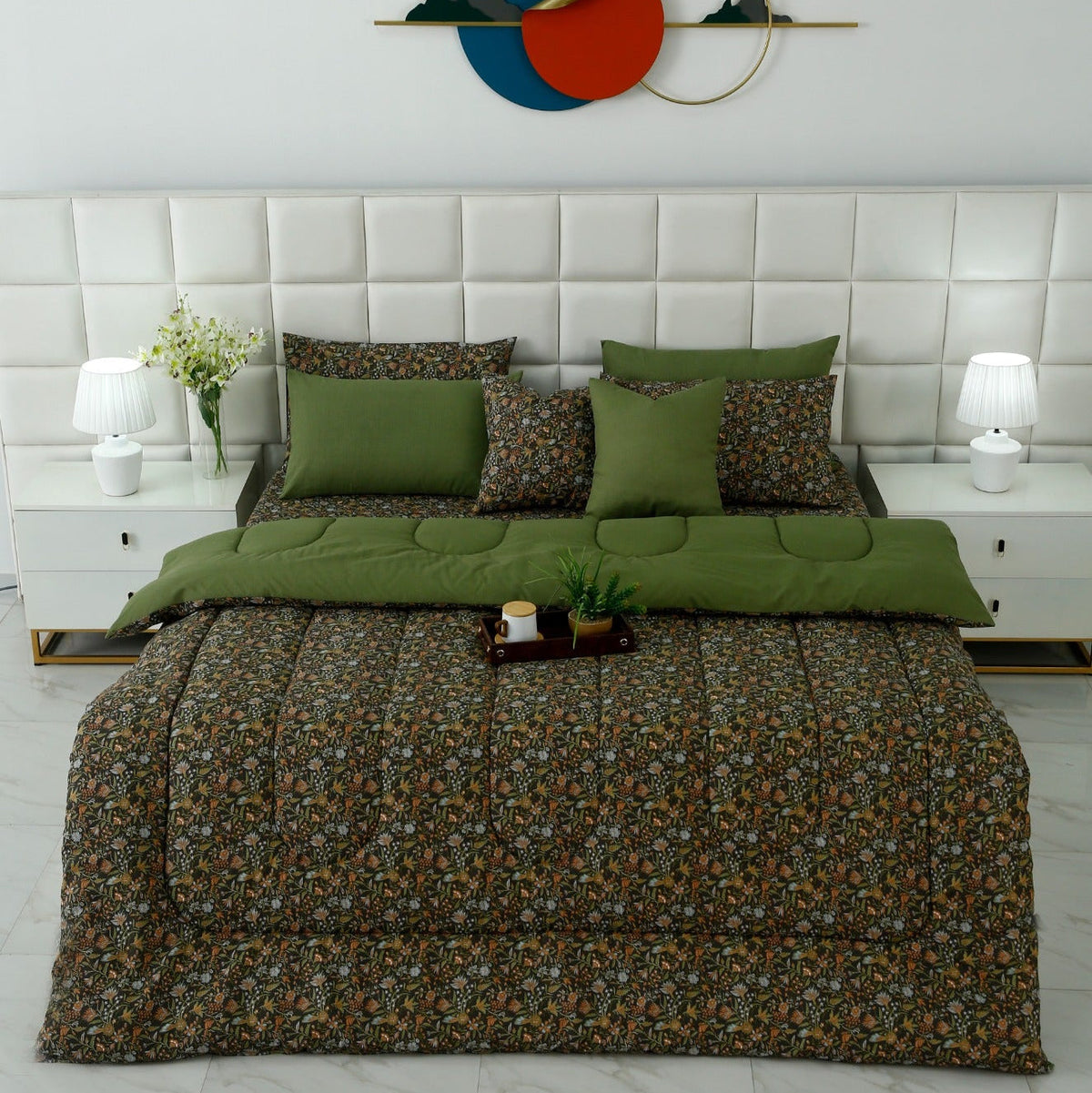 8 PCs Premium Winter Razai Set- Olive Grove Comforters Apricot
