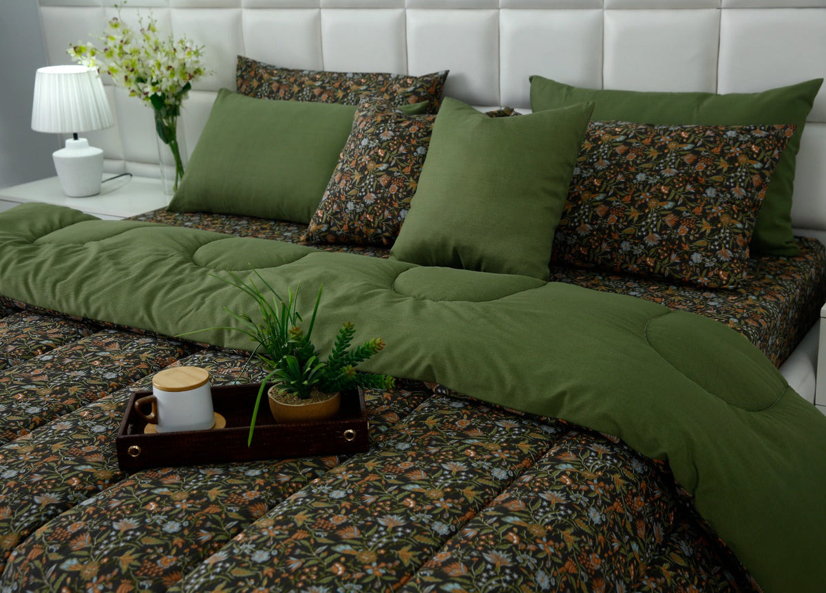 8 PCs Premium Winter Razai Set- Olive Grove Comforters Apricot