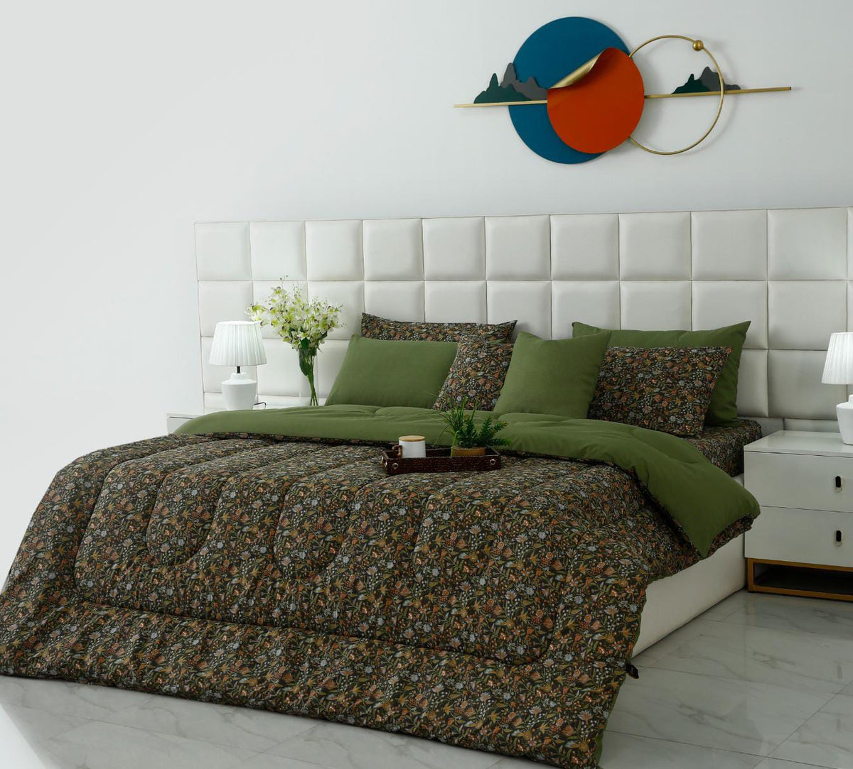 8 PCs Premium Winter Razai Set- Olive Grove Comforters Apricot