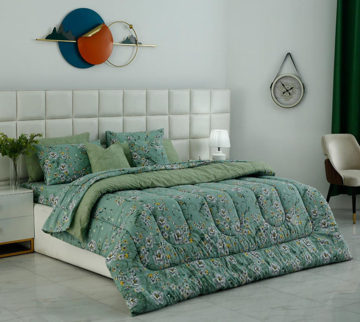 8 PCs Premium Winter Razai Set- Sage Blossom Comforters Apricot