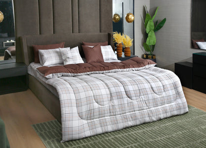 8 PCs Premium Winter Razai Set- Cocoa Check Comforters Apricot