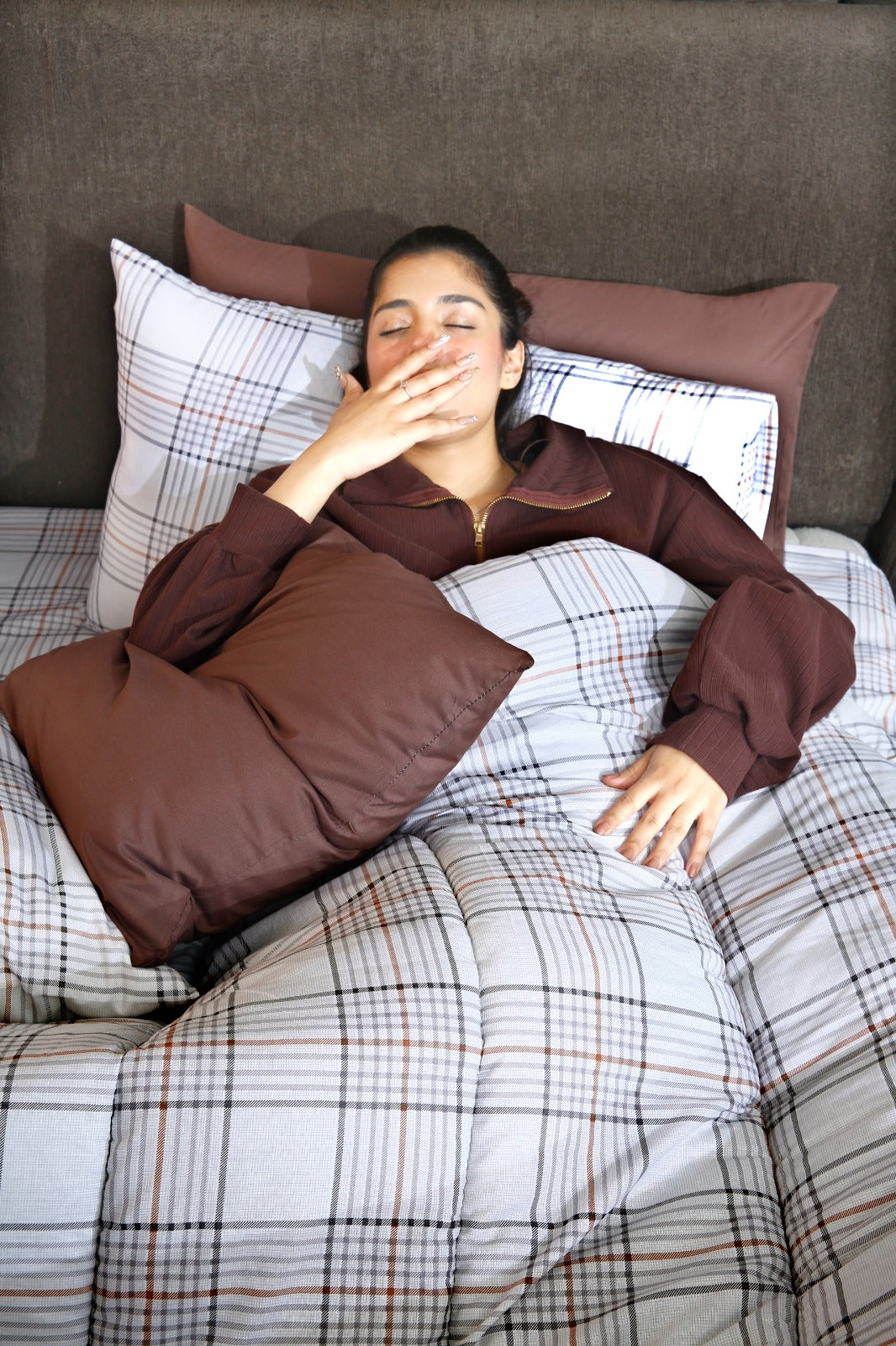 8 PCs Premium Winter Razai Set- Cocoa Check Comforters Apricot