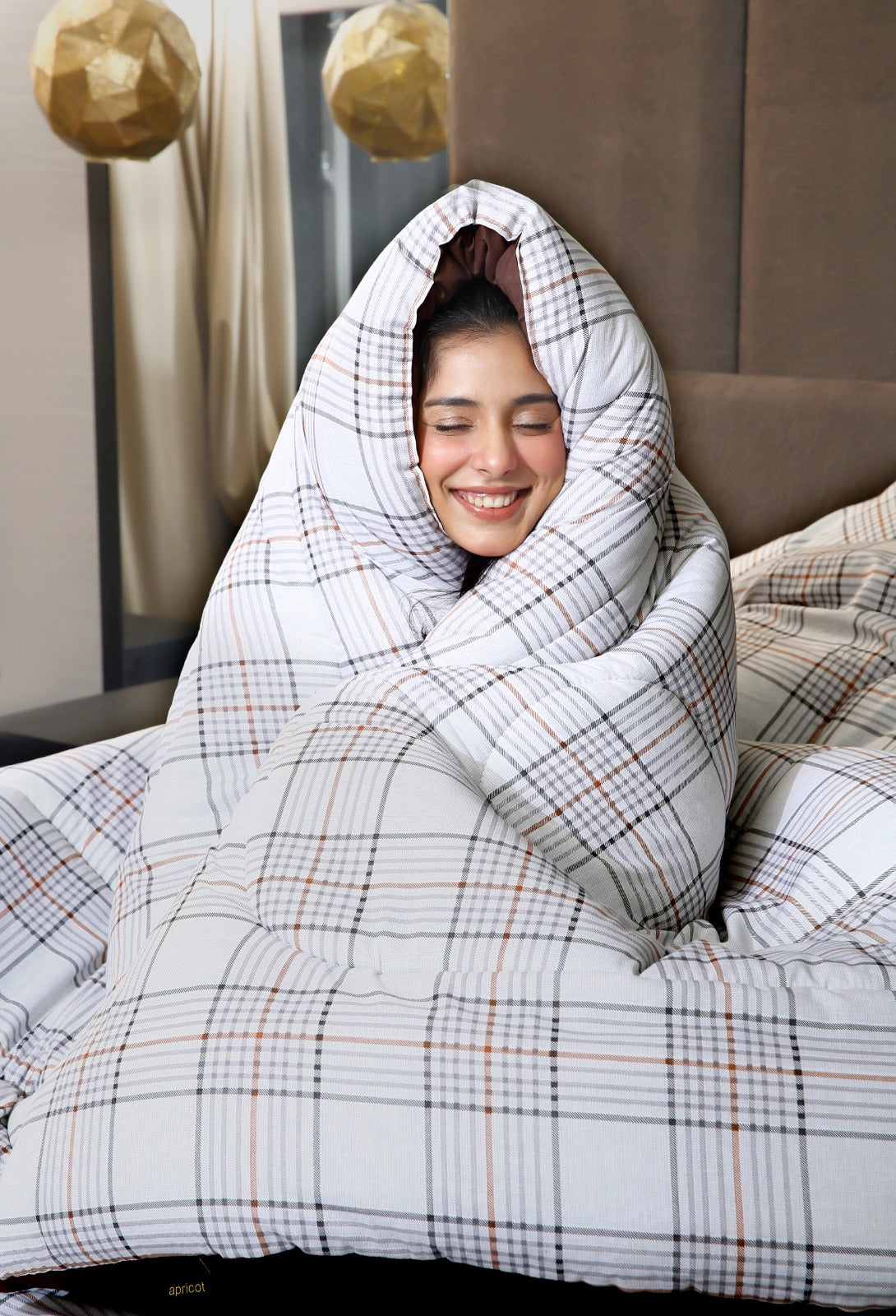 8 PCs Premium Winter Razai Set- Cocoa Check Comforters Apricot
