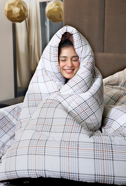 8 PCs Premium Winter Razai Set- Cocoa Check Comforters Apricot