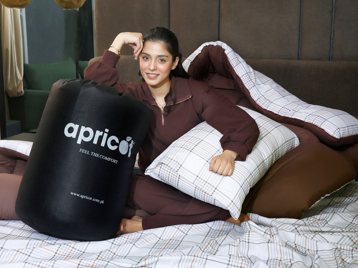8 PCs Premium Winter Razai Set- Cocoa Check Comforters Apricot