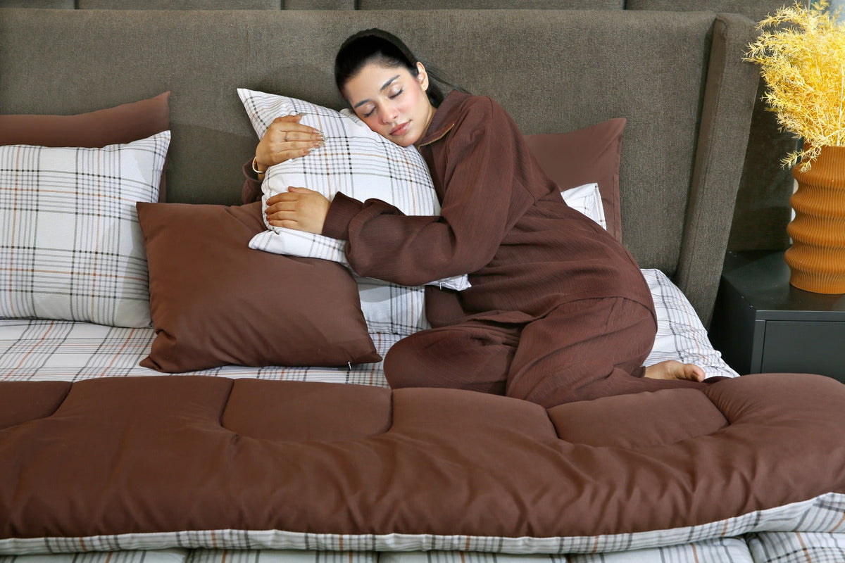 8 PCs Premium Winter Razai Set- Cocoa Check Comforters Apricot