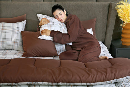 5 PCs Single Razai Set- Cocoa Check Comforters Apricot