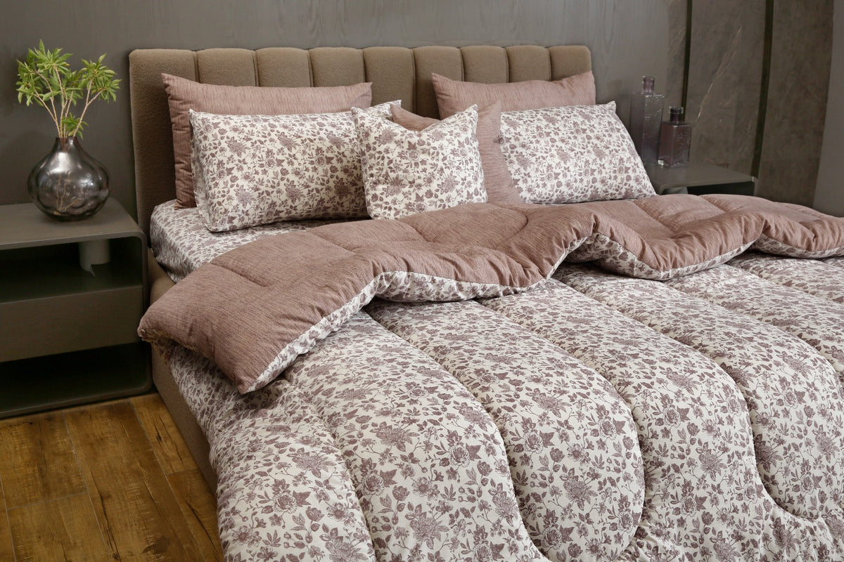 8 PCs Premium Winter Razai Set- Floral whisper Comforters Apricot