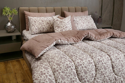8 PCs Premium Winter Razai Set- Floral whisper Comforters Apricot