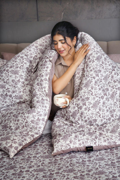 8 PCs Premium Winter Razai Set- Floral whisper Comforters Apricot