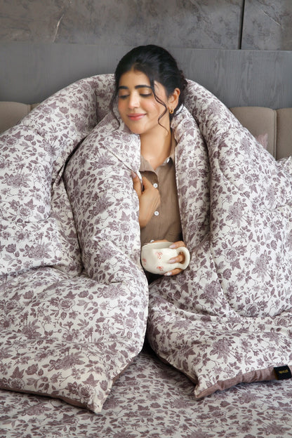 8 PCs Premium Winter Razai Set- Floral whisper Comforters Apricot