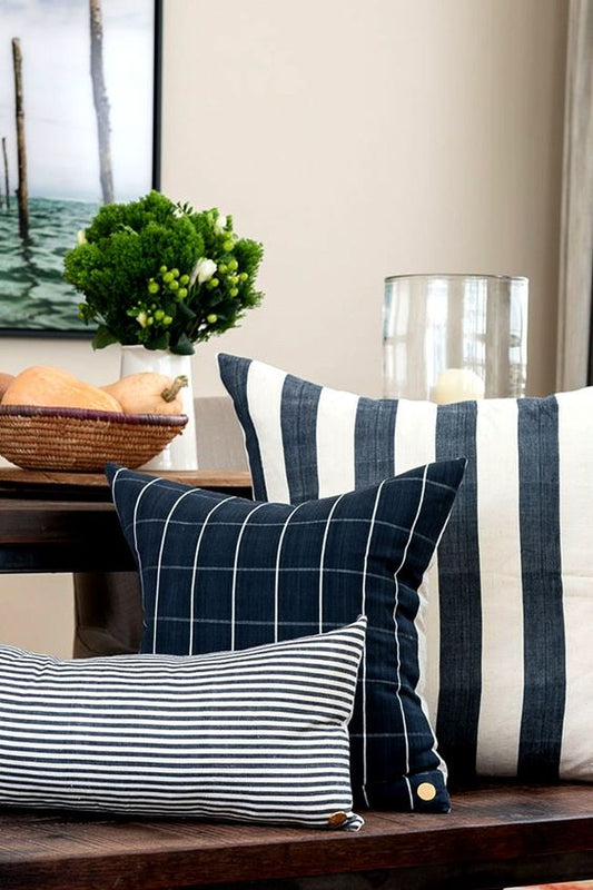 3 PCs Digital Printed Cotton Cushions-Blue Check cushions Apricot