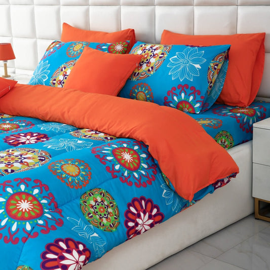 5 PCs Single Comforter Set-(15191)Turquoise Flower Comforters Apricot   