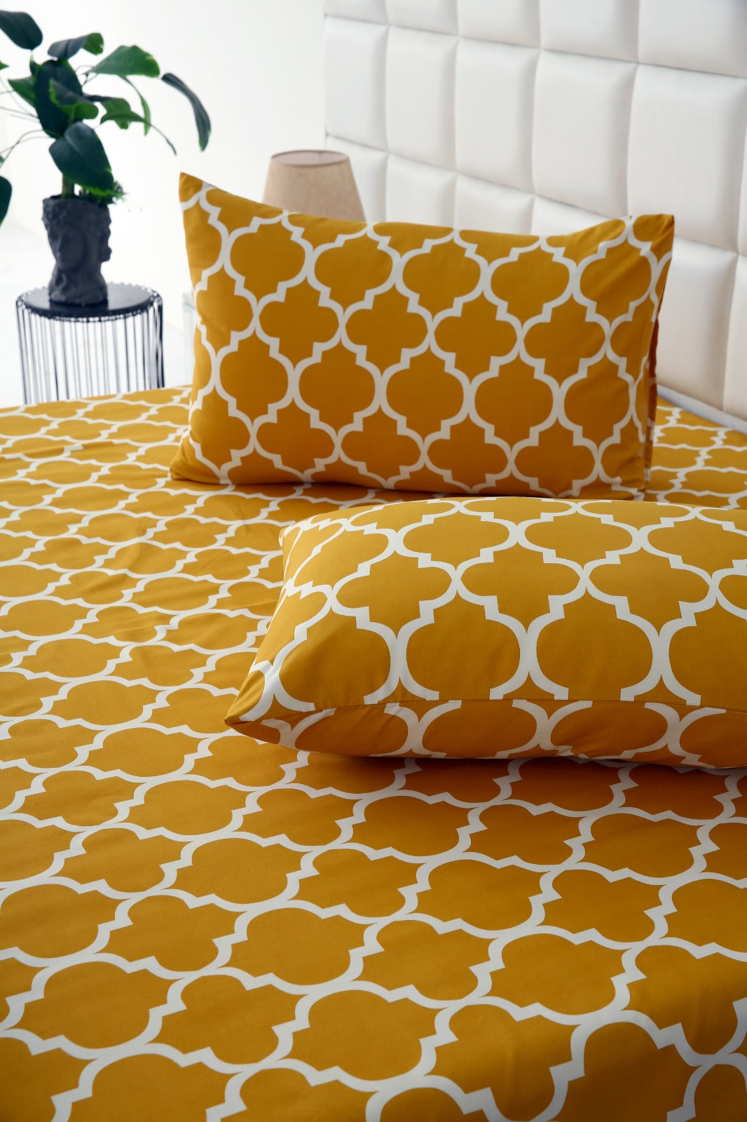 3 PCs Double Bed Sheet -Mustard Geometric Bed Sheets Apricot