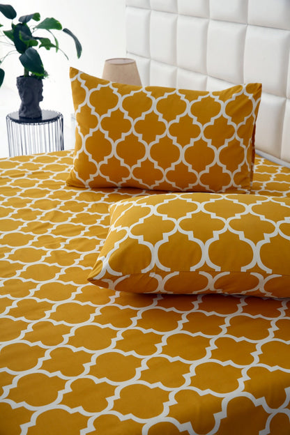 3 PCs Double Bed Sheet -Mustard Geometric Bed Sheets Apricot